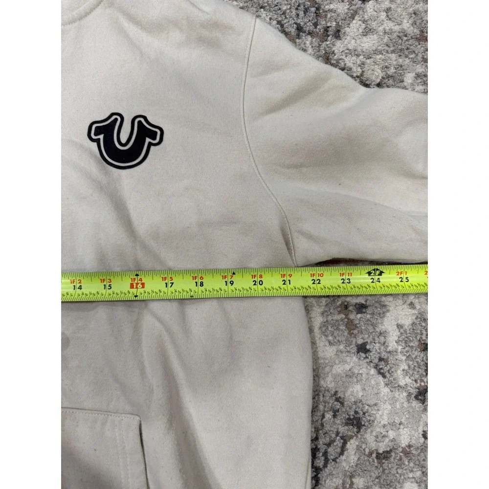 True Religion Mens Zip Up Hoodie Cream Off White Horseshoe Logo XL Sweatshirt